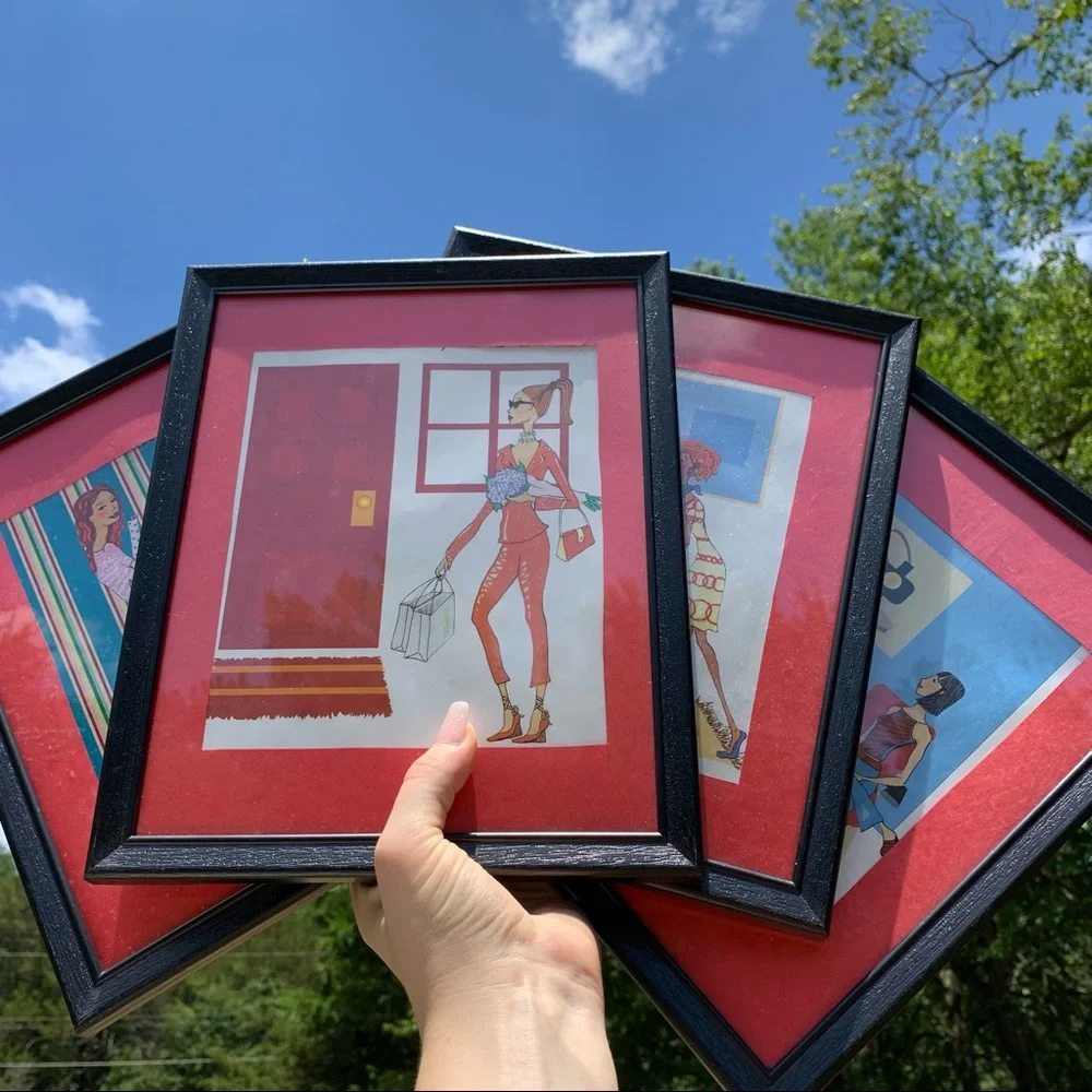 4pc Female Figure Framed Art Pieces Home Decor Red Matted Wall decor